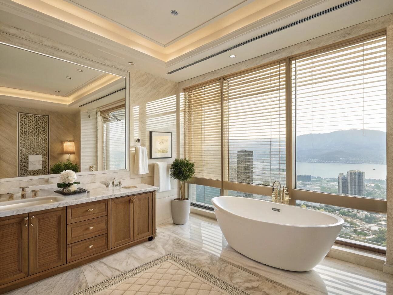 Luxury hotel bathroom with automated gold Venetian blinds offering stunning city views.