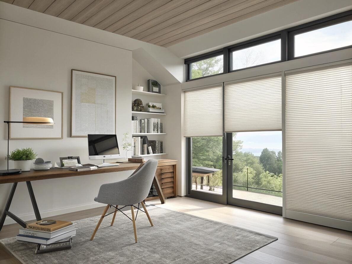 Home office with energy-efficient top-down bottom-up cellular shades offering versatile light control.