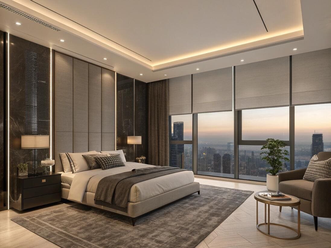 Luxurious master bedroom with motorized blackout roller shades for complete privacy and ambiance.