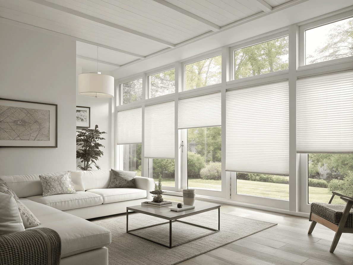 Bright living room with white cellular shades installed on a large wall of windows.