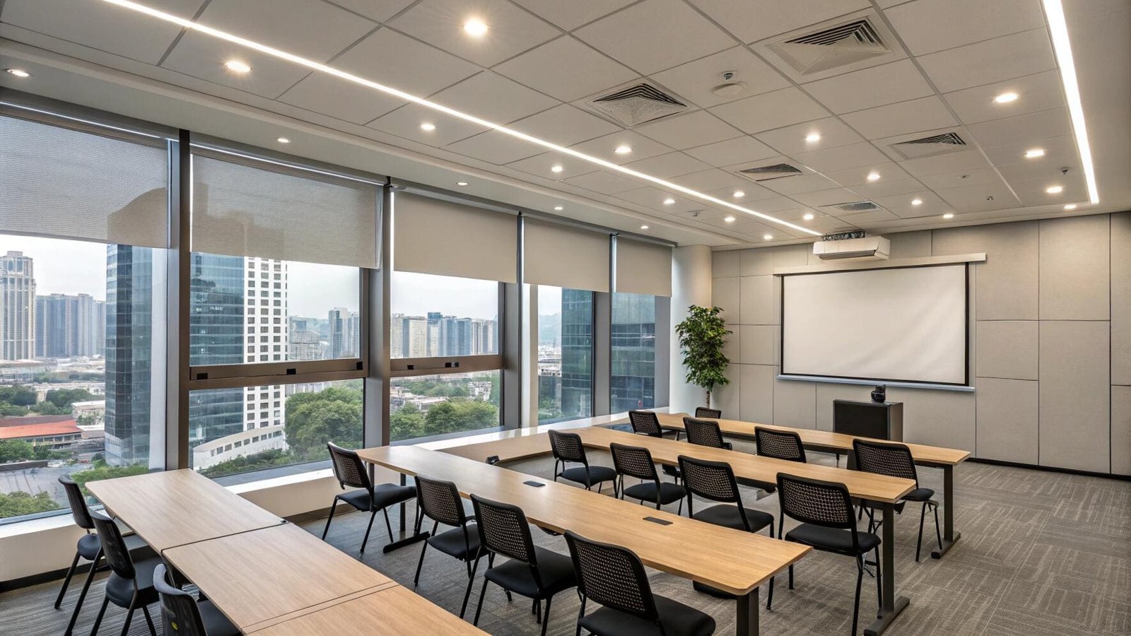 Contemporary classroom/meeting room with effective roller shades and city panorama.