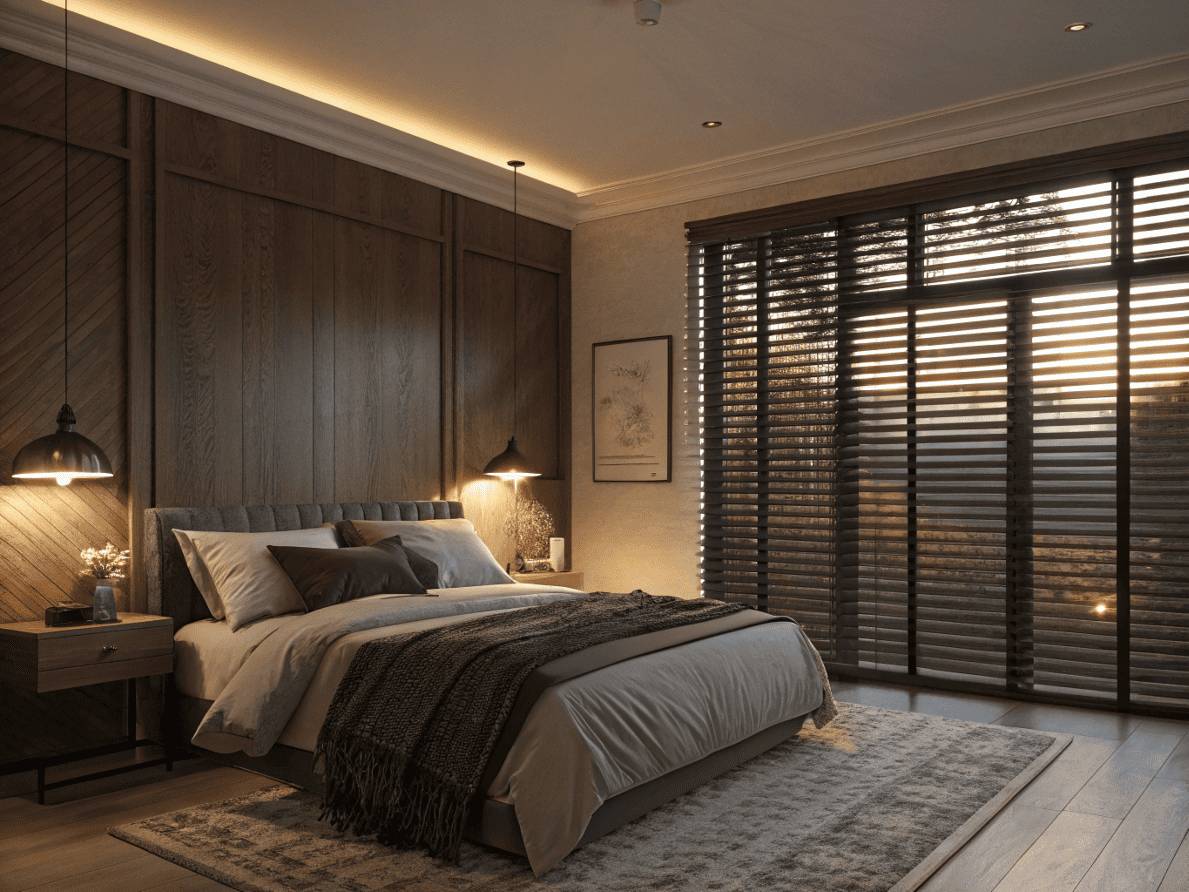 Luxurious bedroom featuring dark wood blinds with decorative tapes for enhanced light blocking.
