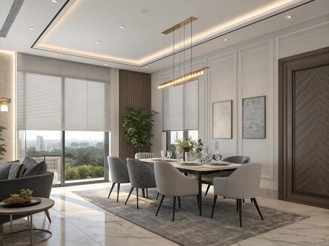 Contemporary dining room with sleek venetian blinds for precise light and privacy control.