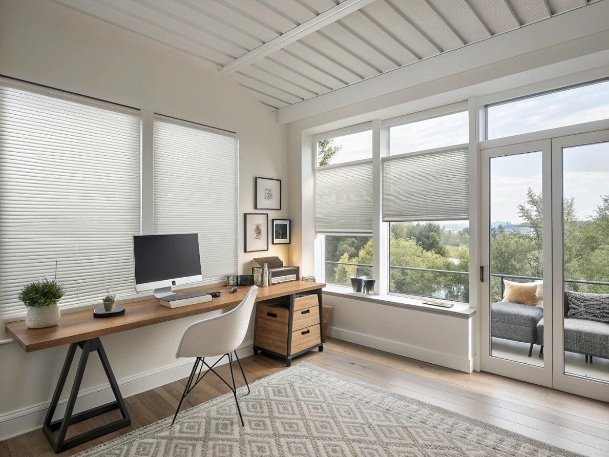 Bright home office featuring versatile top-down bottom-up cellular shades for flexible lighting.