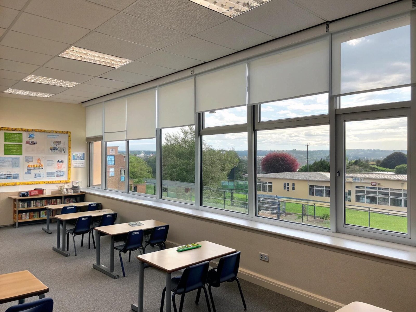 School classroom with durable, light-filtering roller shades to manage daylight and reduce glare.