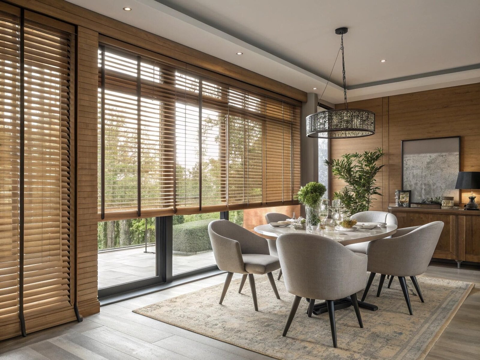 Sophisticated dining room with large wooden blinds to control light for perfect ambiance.