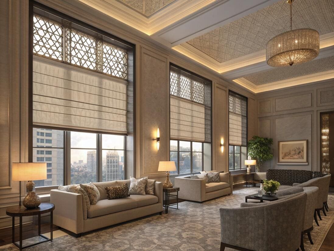 Grand hotel lounge with custom motorized Roman shades for sophisticated large-scale projects.