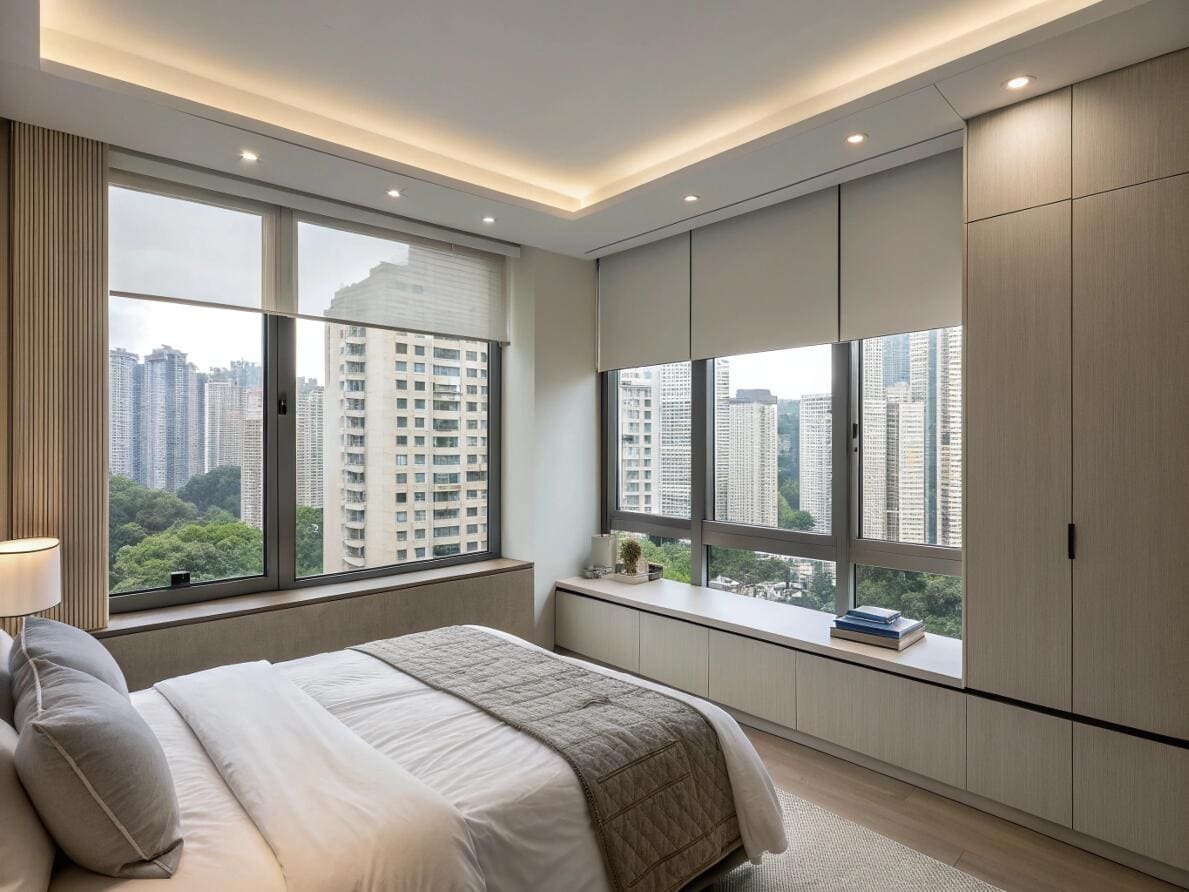 Minimalist urban bedroom with motorized blackout roller shades for complete light control.