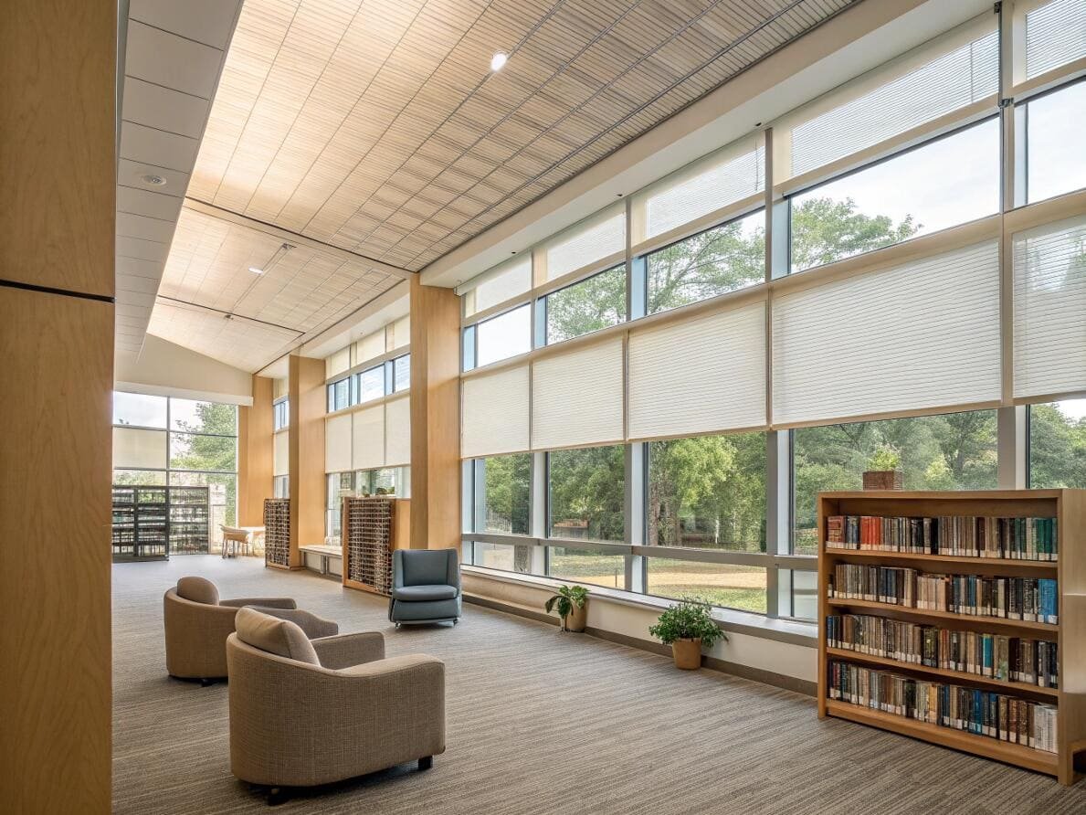 Commercial library space with large motorized cellular shades for optimal daylight harvesting.