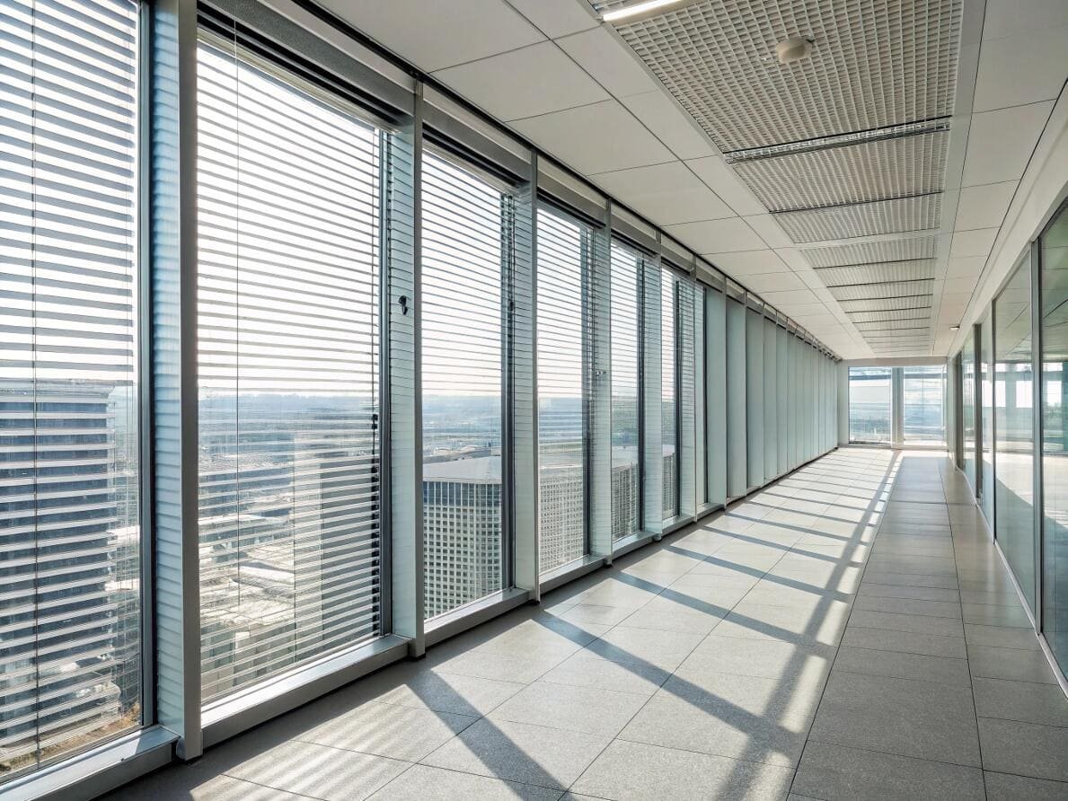 Sleek aluminum blinds installed along a glass office corridor for light management.