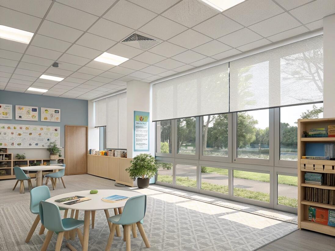 Safe and durable dual roller shades providing light control for a school classroom.