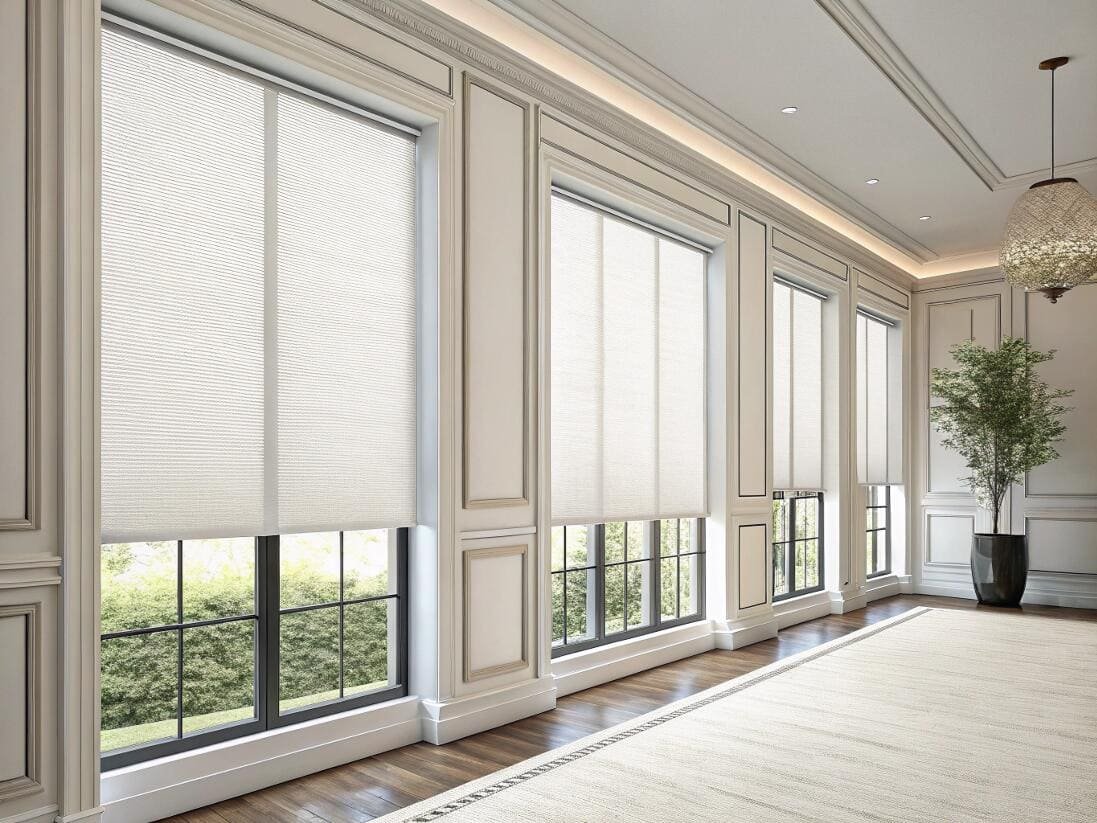 Elegant light-filtering cellular shades installed in a classically designed room with panel molding.