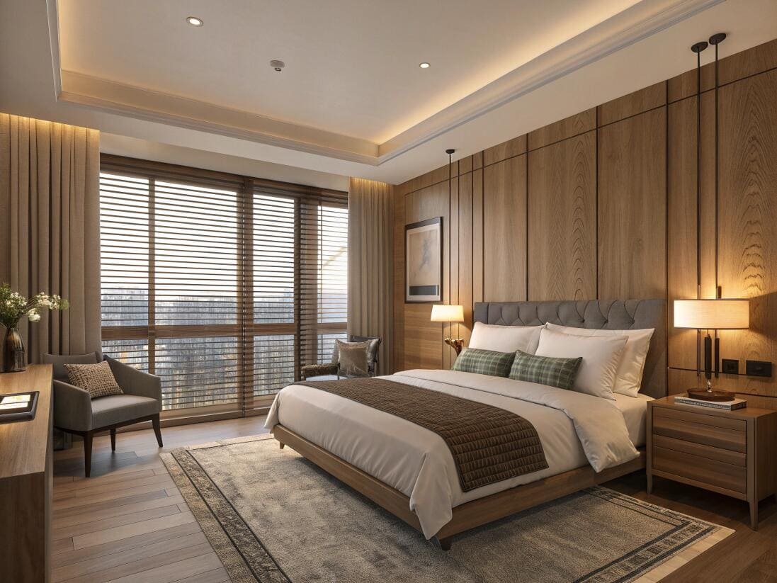 Stylish wood blinds offer excellent light control in a modern, warm-toned bedroom.