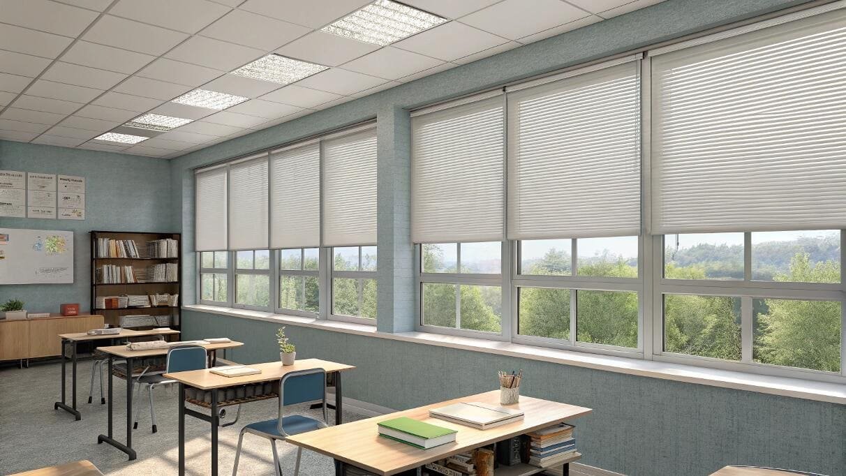 Light-filtering cellular shades create a bright learning environment in a school classroom.