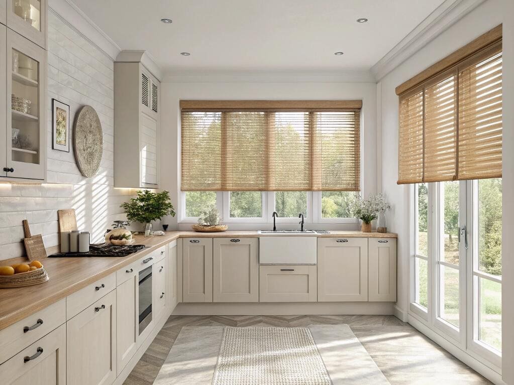 Natural wood blinds complement a bright, modern farmhouse kitchen with style and function.