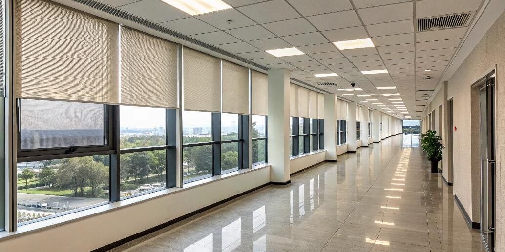 Solar roller shades provide uniform light control in a bright commercial office hallway.