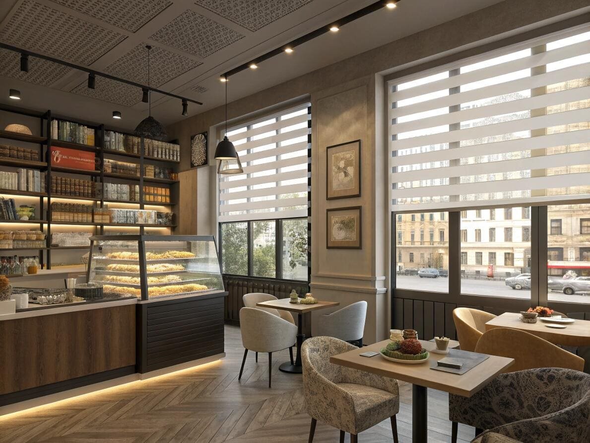 Modern zebra shades provide versatile light control and privacy in a stylish cafe.