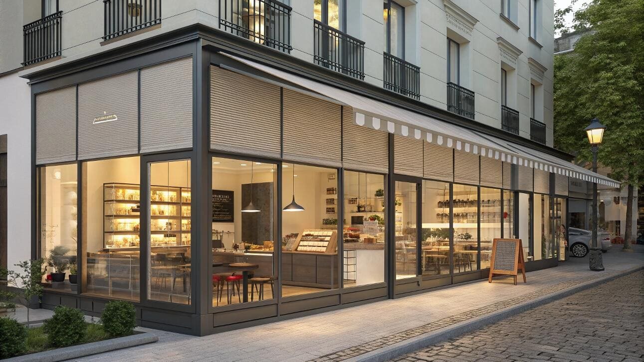 Light-filtering cellular shades create a warm, inviting atmosphere for a street-front bistro.