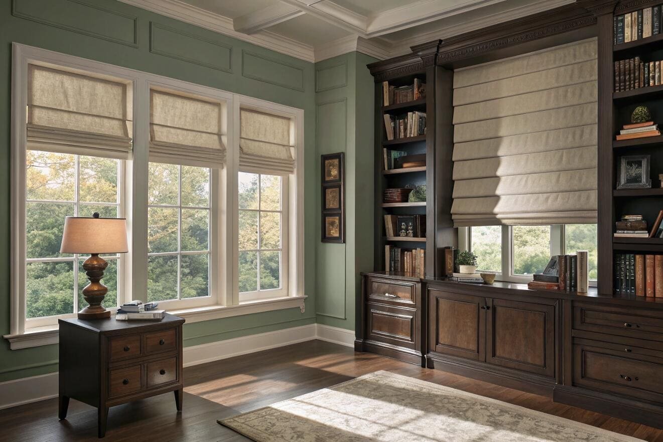 Classic study with green walls and two-tone Roman shades.