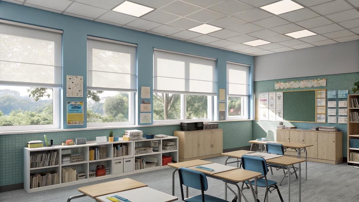 Durable, light-filtering roller shades provide optimal lighting for a modern classroom environment.
