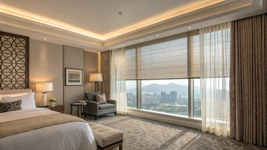 Roman shades and drapery provide a layered, luxurious window treatment in a hotel suite.