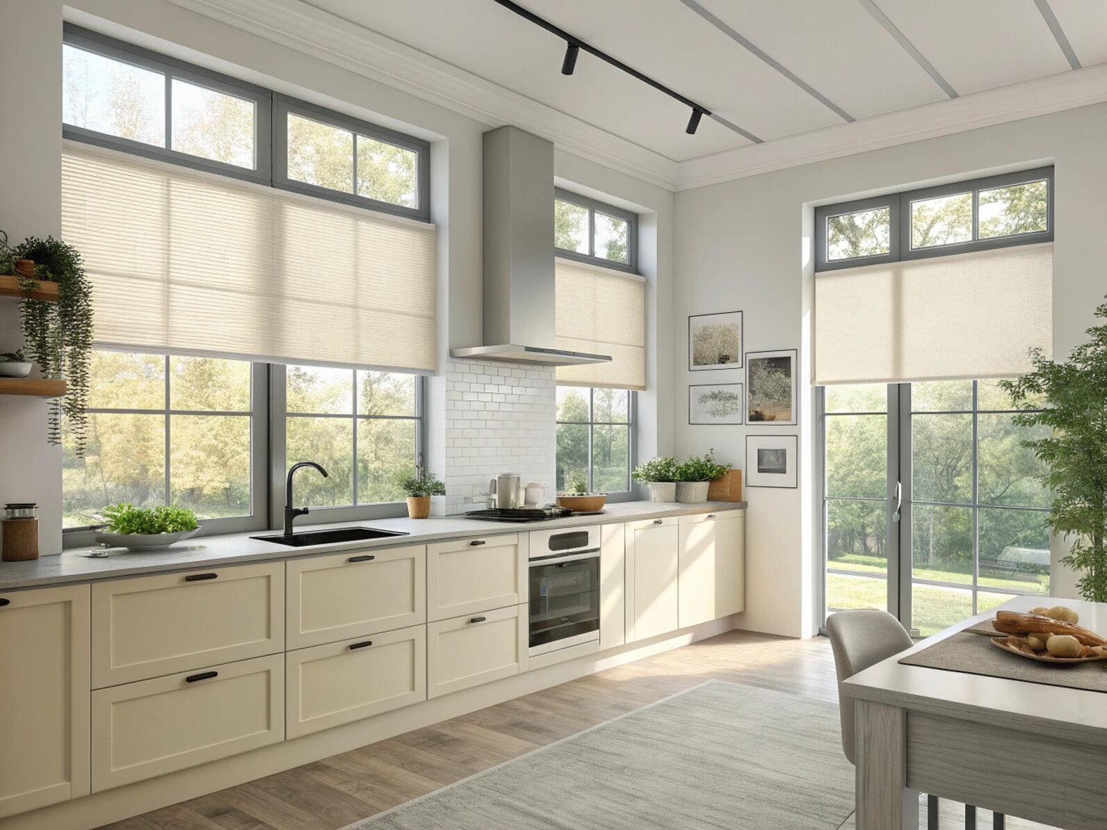 Cellular shades provide insulation and a clean look for a spacious, modern kitchen.