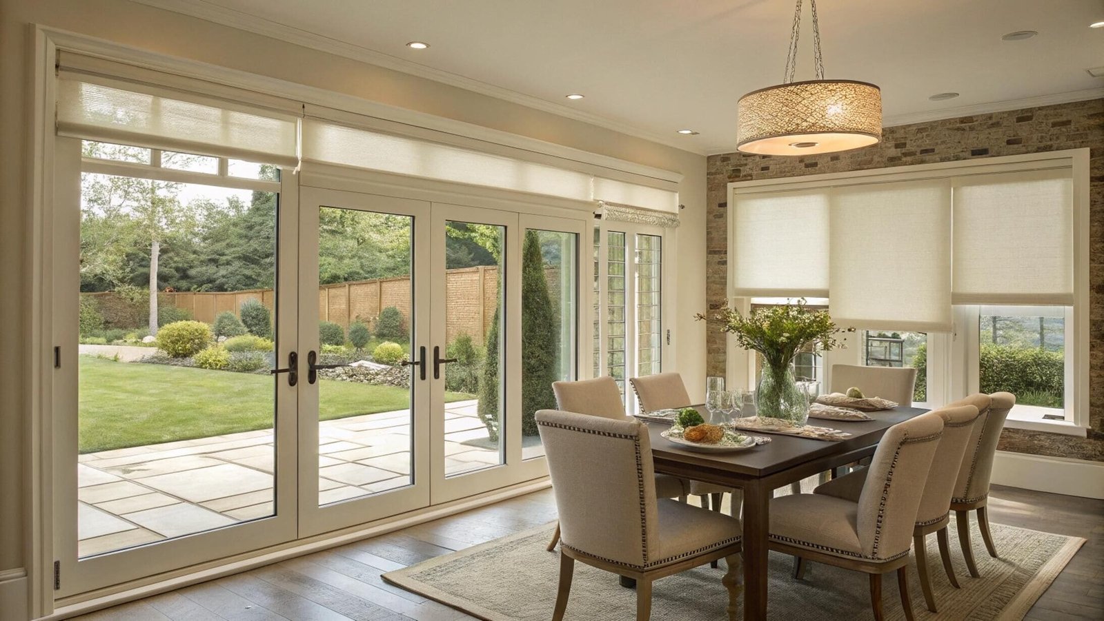 Light-filtering roller shades provide a clean, uniform look for dining room French doors.