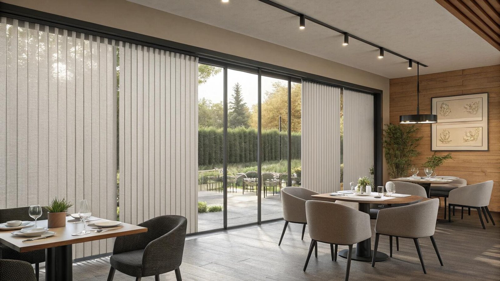 Fabric vertical blinds control daylight for a modern restaurant with large glass doors.