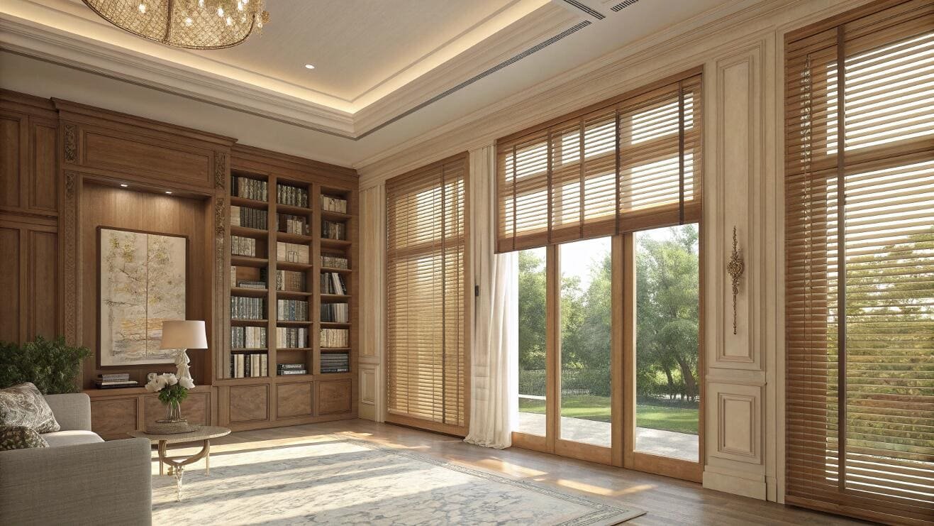 Classic wood blinds provide light control for a traditional study with French doors.