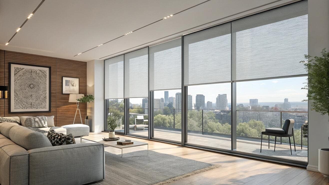 Motorized solar shades offer sleek, uniform coverage for floor-to-ceiling windows.
