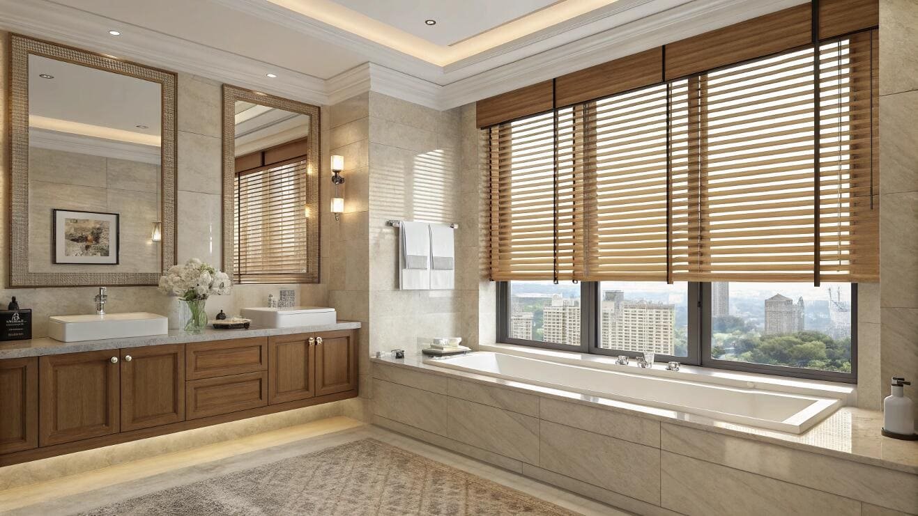 Classic faux wood blinds offer [adjustable privacy](https://www.pugerudes.com/7-best-characteristics-of-bathroom-blinds-for-privacy-moisture-and-style)[^13] for a luxury bathroom tub setting.