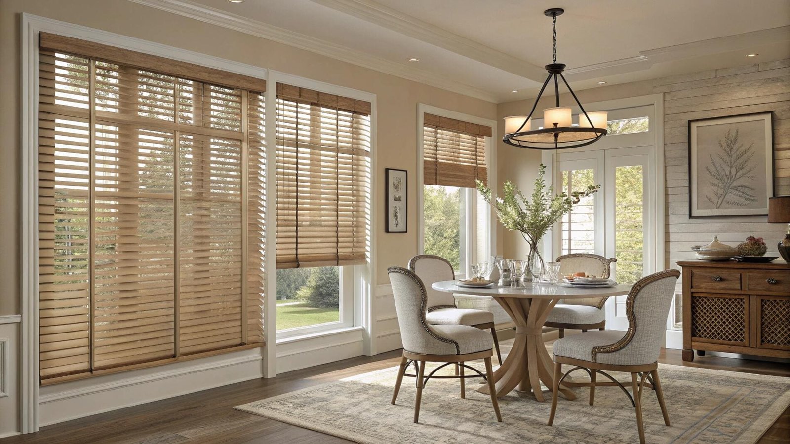 Classic wood blinds with decorative tapes add traditional style to a dining room.