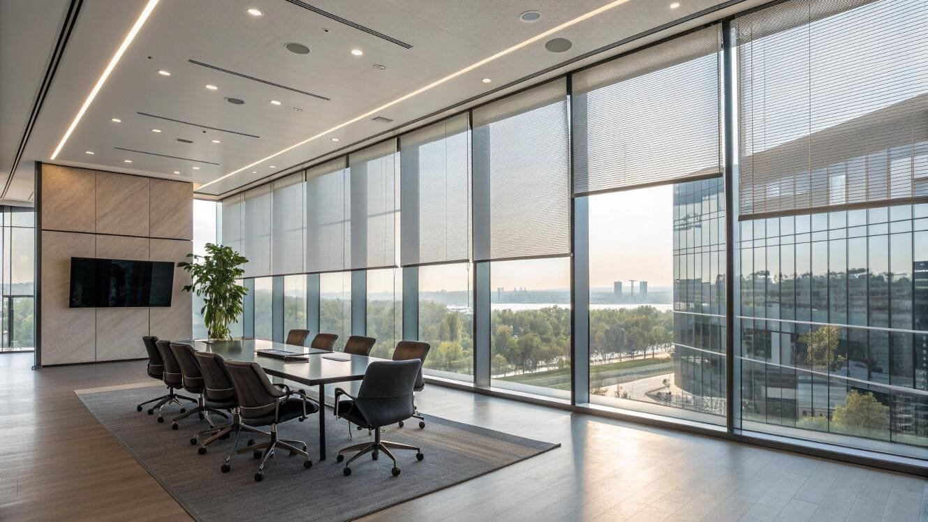 Commercial-grade solar shades provide privacy and glare control in a modern conference room.