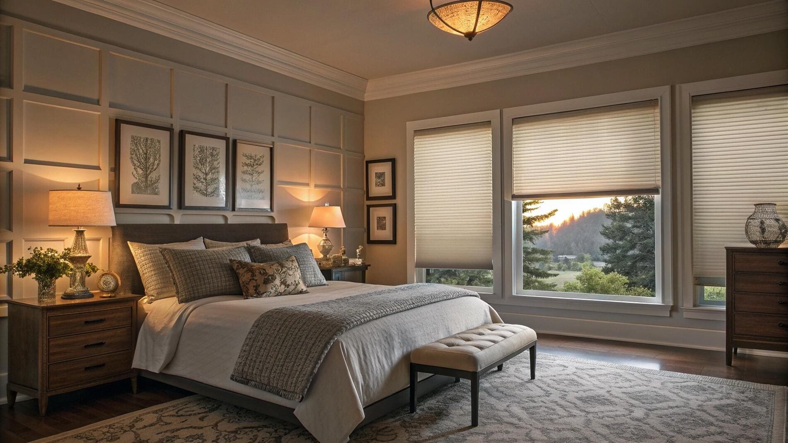 Light-filtering cellular shades provide privacy and soft light in a traditional bedroom.