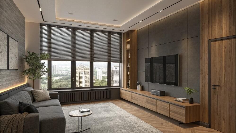 Wide venetian blinds provide precise light control for a contemporary living room view.