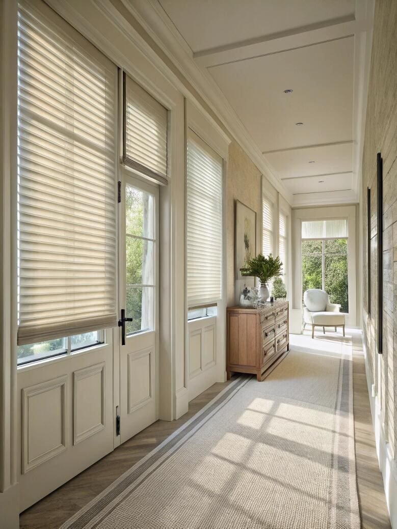 Bright hallway with French doors and energy-efficient pleated blinds.