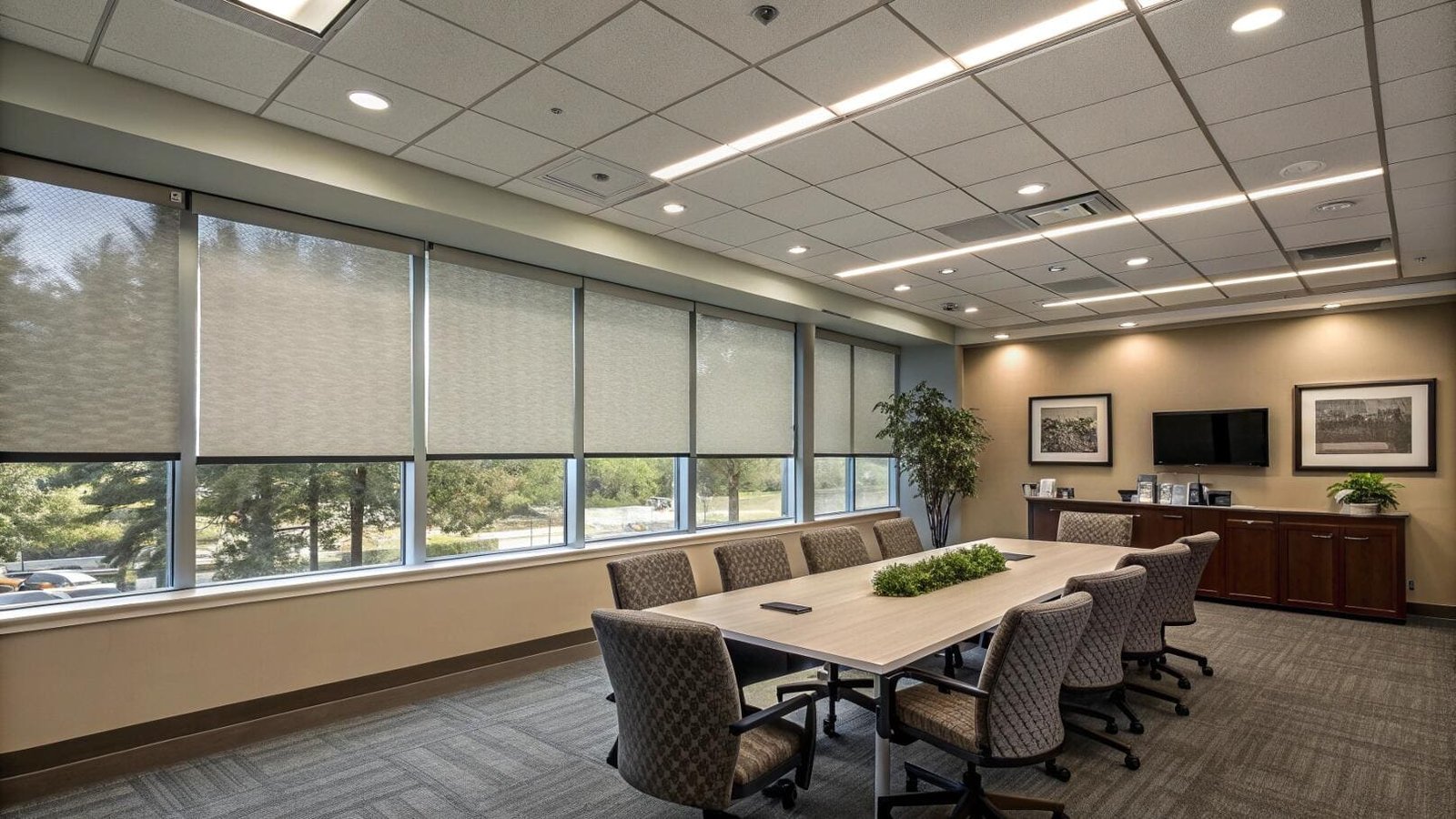 Commercial solar shades reduce glare while preserving the view in a corporate boardroom.