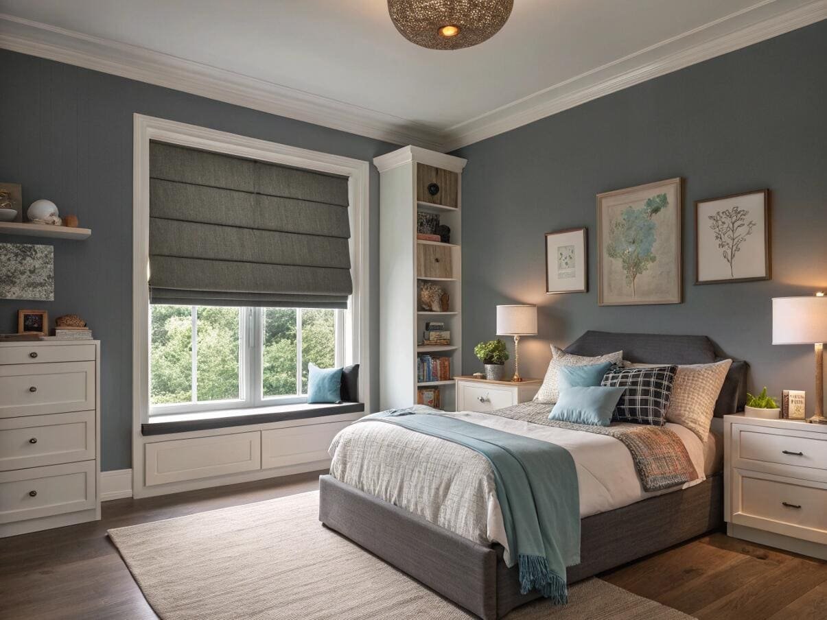 A custom blackout Roman shade provides darkness for a bedroom with a window seat.