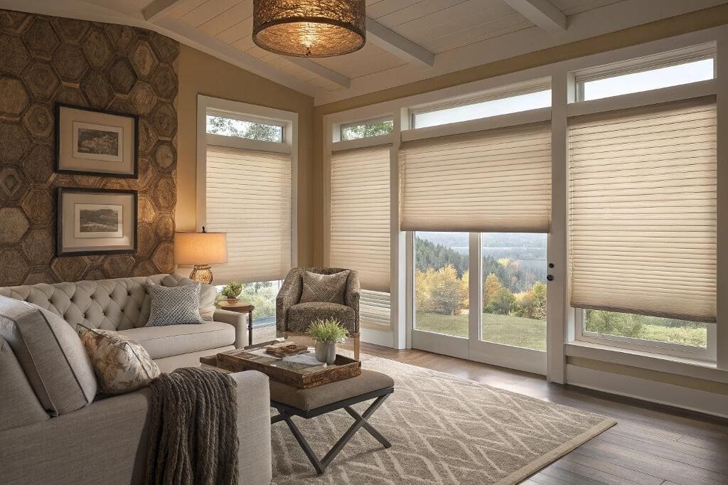 Inviting living room with scenic views and insulating cellular window shades.