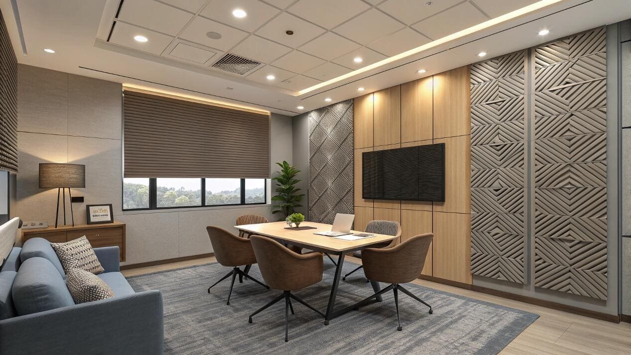 Professional conference room with privacy roller window shades.