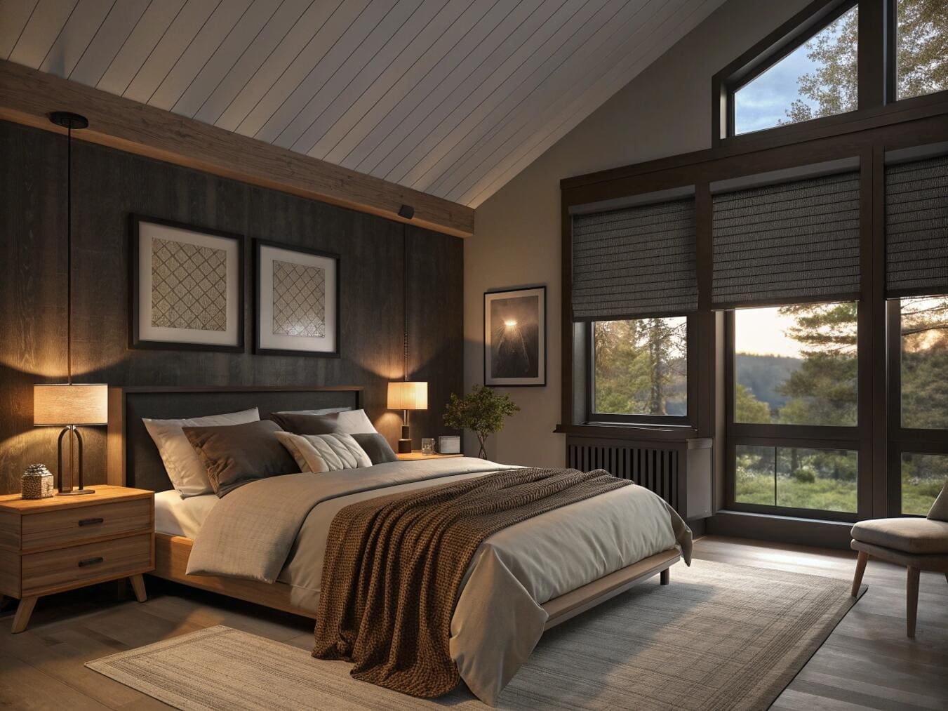 Dark primary bedroom with high ceilings and blackout roller shades.
