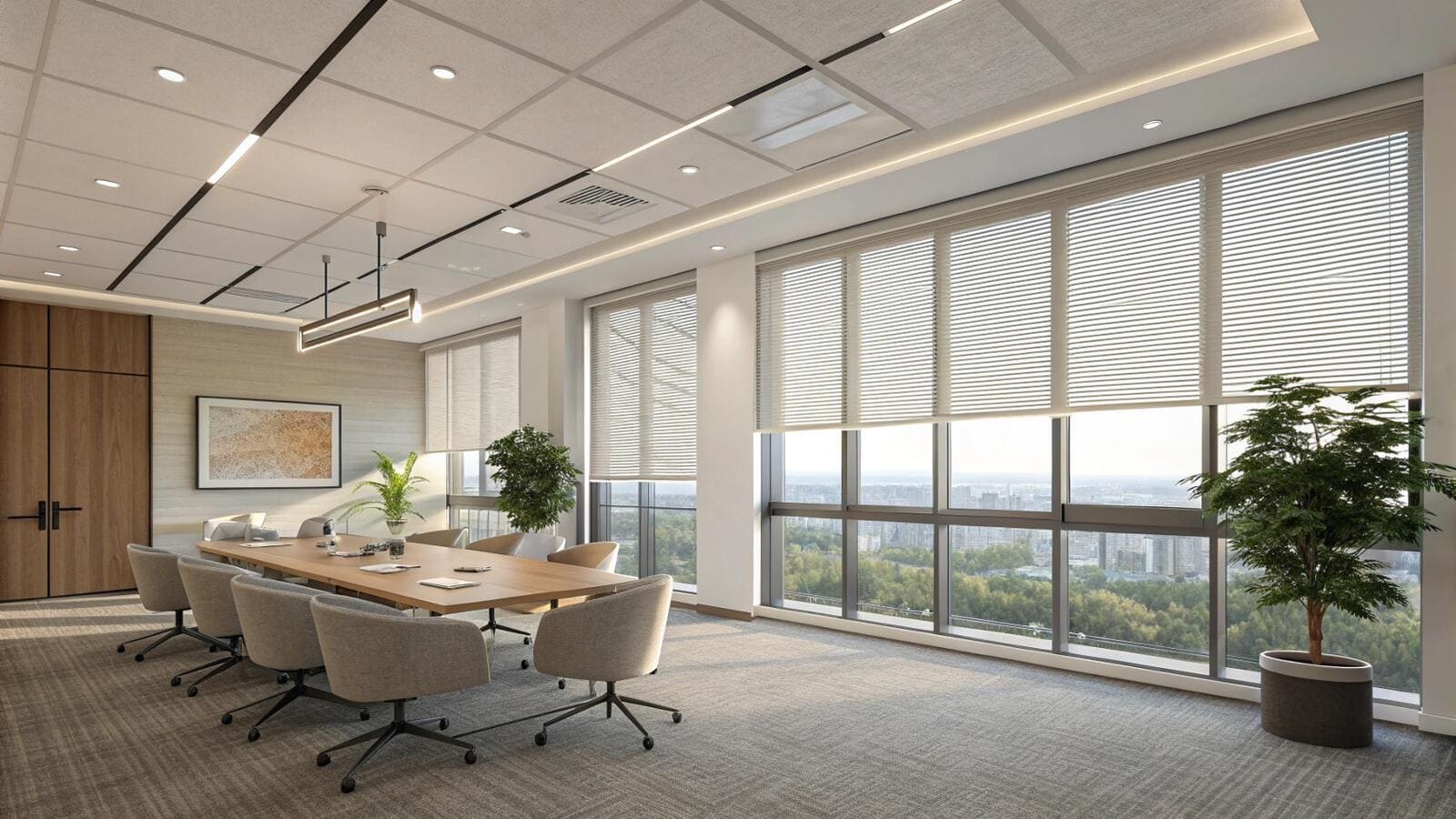 Large professional conference room with city view and horizontal blinds.