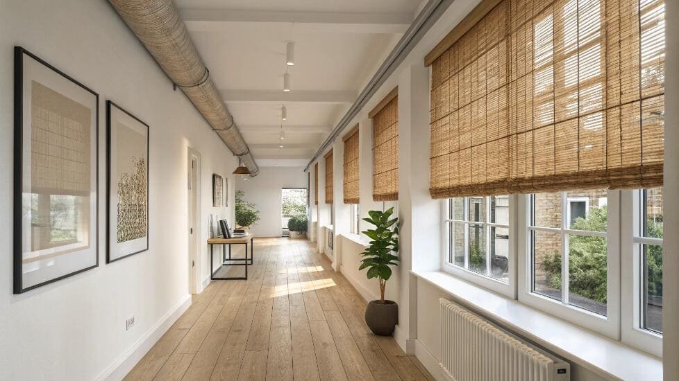 Bright hallway with a series of windows featuring natural woven shades.