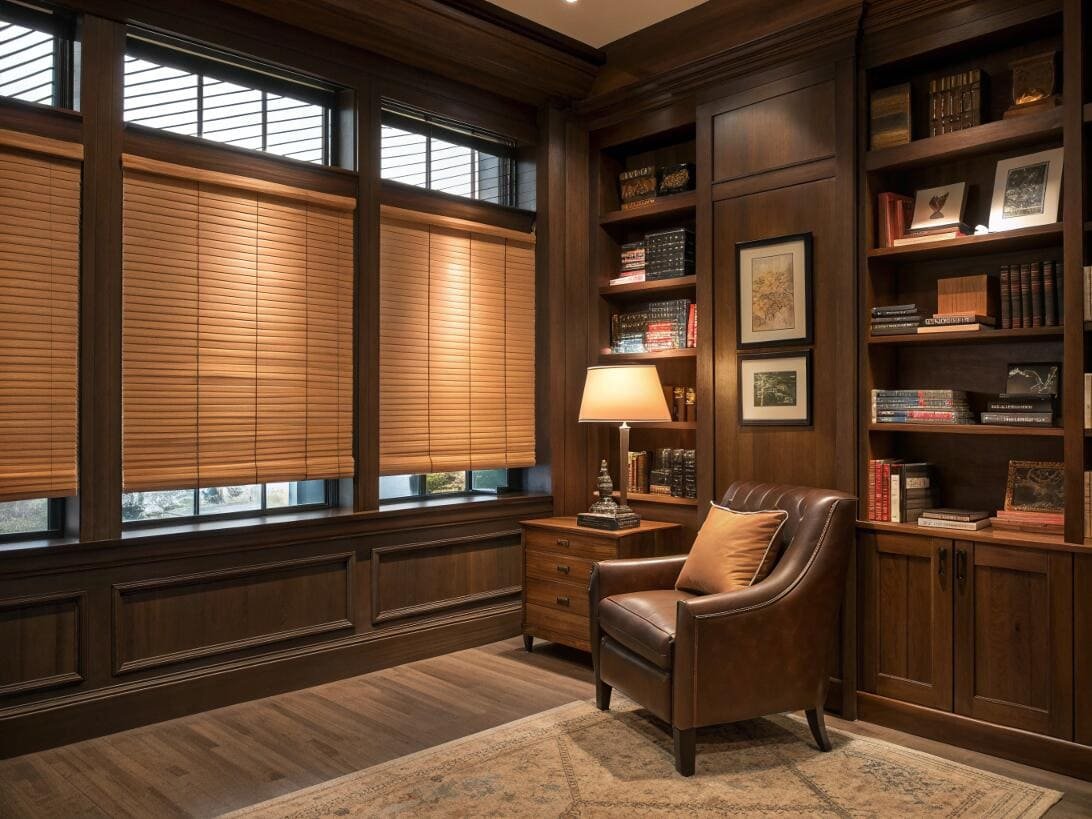 Classic wood-paneled study with a leather armchair and warm wooden blinds.