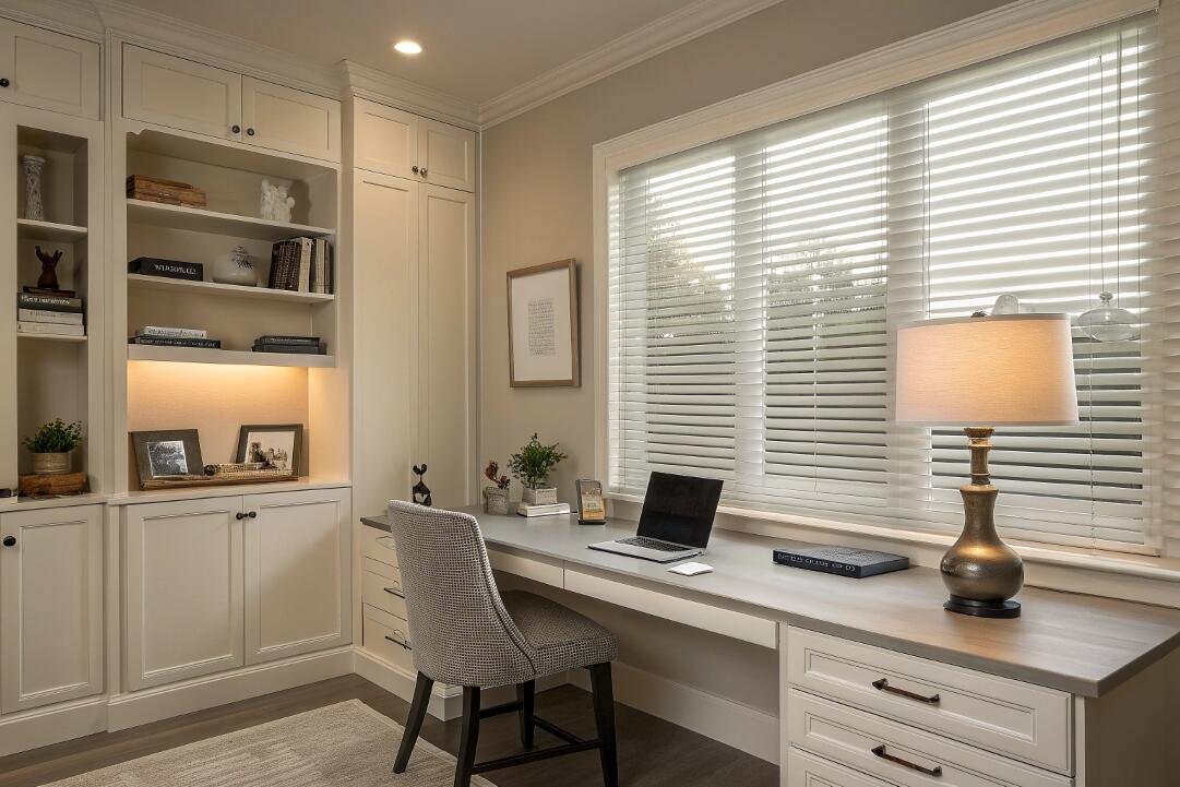 Clean home office space with white horizontal blinds for privacy.
