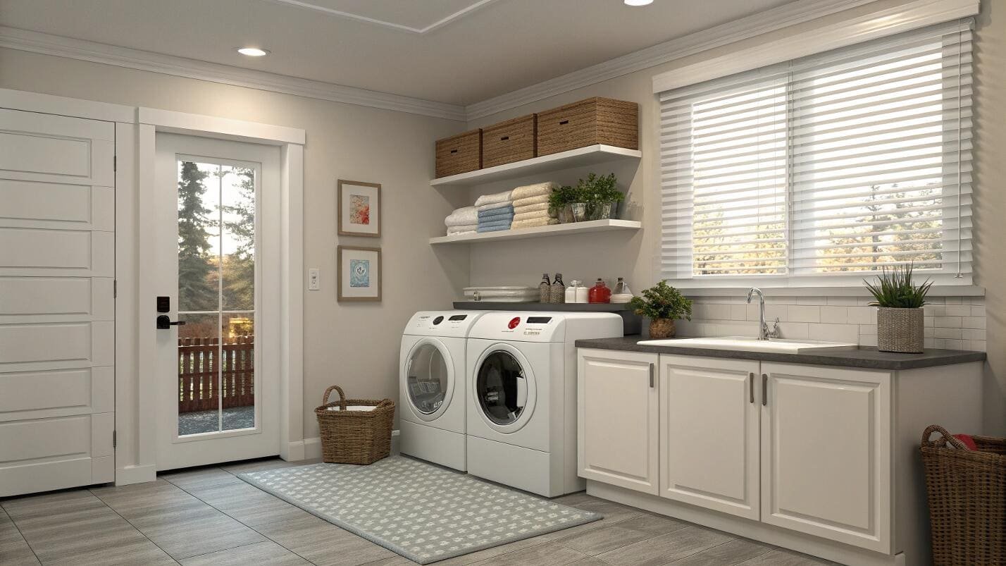 Functional laundry room with white horizontal blinds and outdoor view.