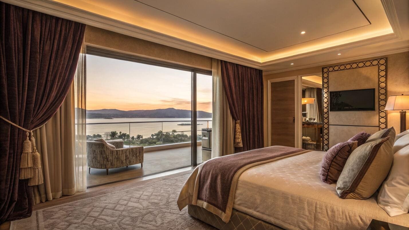 Luxurious bedroom with expansive view and elegant dark drapes.