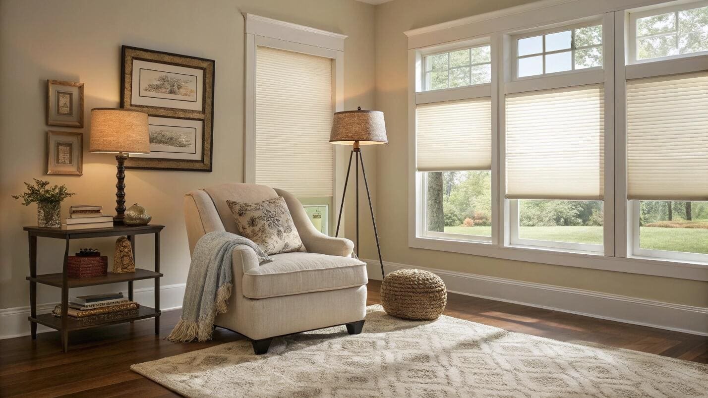 Cozy reading nook with armchair and light-filtering cellular shades.