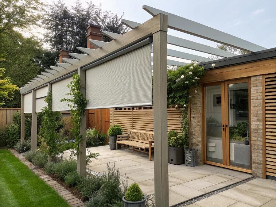 Garden pergola with neutral retractable outdoor cellular shades for privacy.