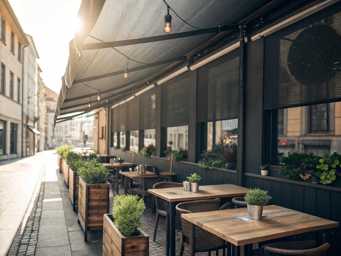 Outdoor cafe seating area with black retractable commercial roller screen shades.
